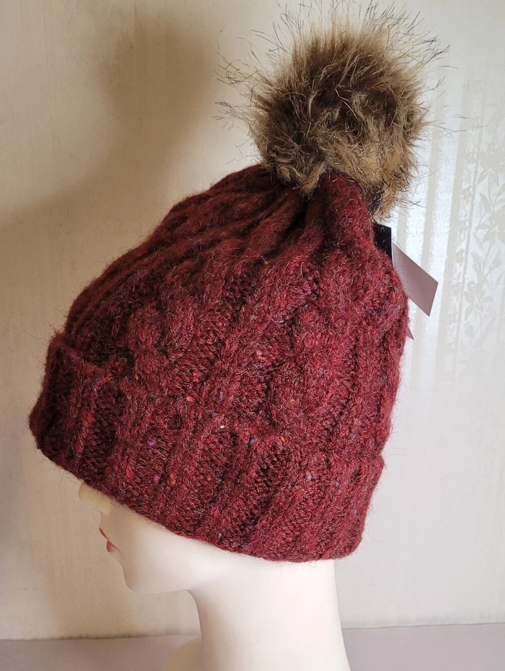 Dark Red Cable Knit Pom-Pom Beanie
